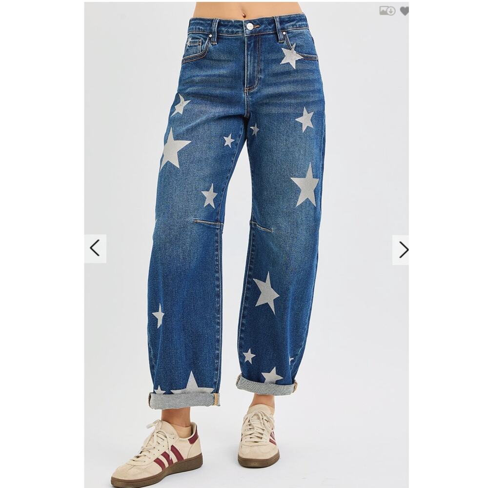 Risen Womens MID RISE ANKLE LENGTH RELAXED BARREL LEG STAR PRINTED JEANS